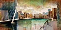 Across the bridge at Canary Wharf by Keith Athay - Original Painting on Box Canvas sized 47x23 inches. Available from Whitewall Galleries